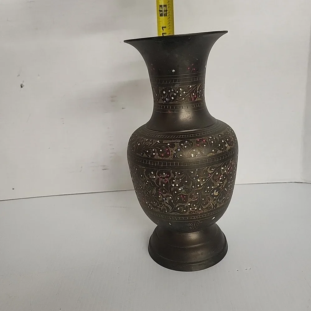 Vintage Brass Etched and Painted Vase Floral India Home Decor 12 Inch